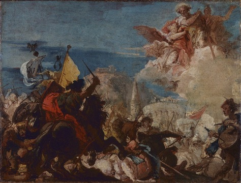 Giandomenico Tiepolo, I santi Faustino e Giovita appaiono in difesa di Brescia assaltata da Nicola Piccinino nel 1438