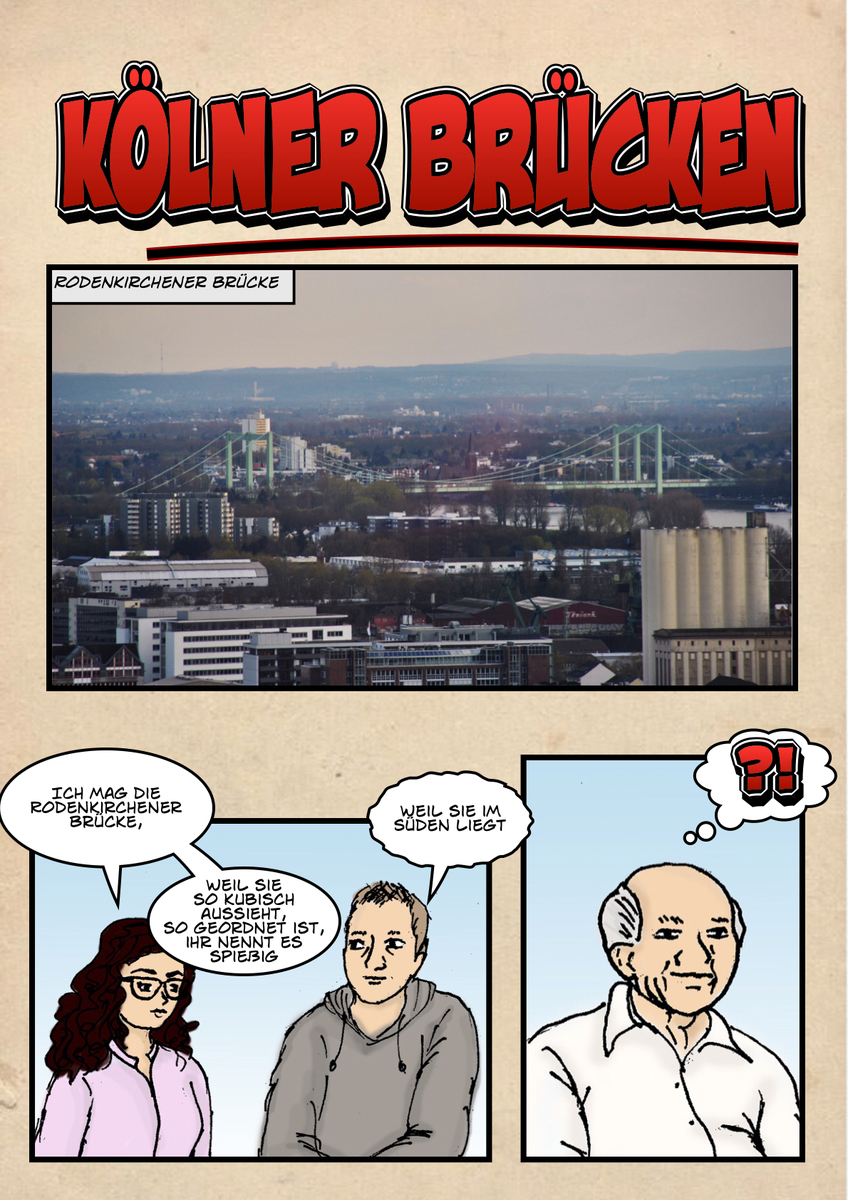 Comiczeichnungen einer Unterhaltung über die Kölner Brücken